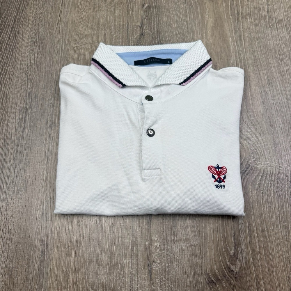 Greyson Clothiers White Tipped Knit Collar Pique Wolf Logo Golf Polo Shirt Large